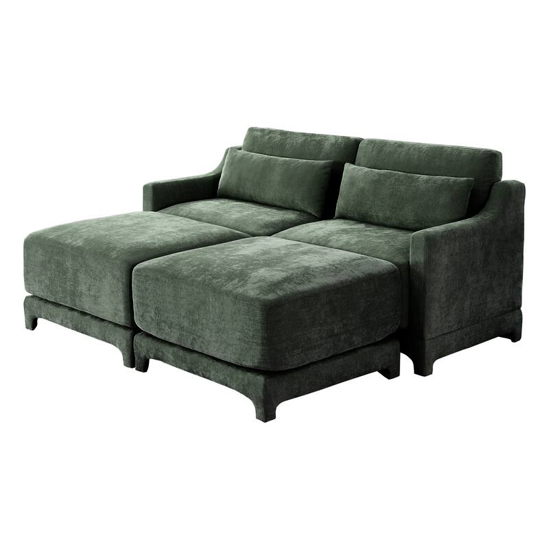 73.2" Chenille 2-Seater Sofa with Ottoman, 2 Pillows & Solid Wood Frame
