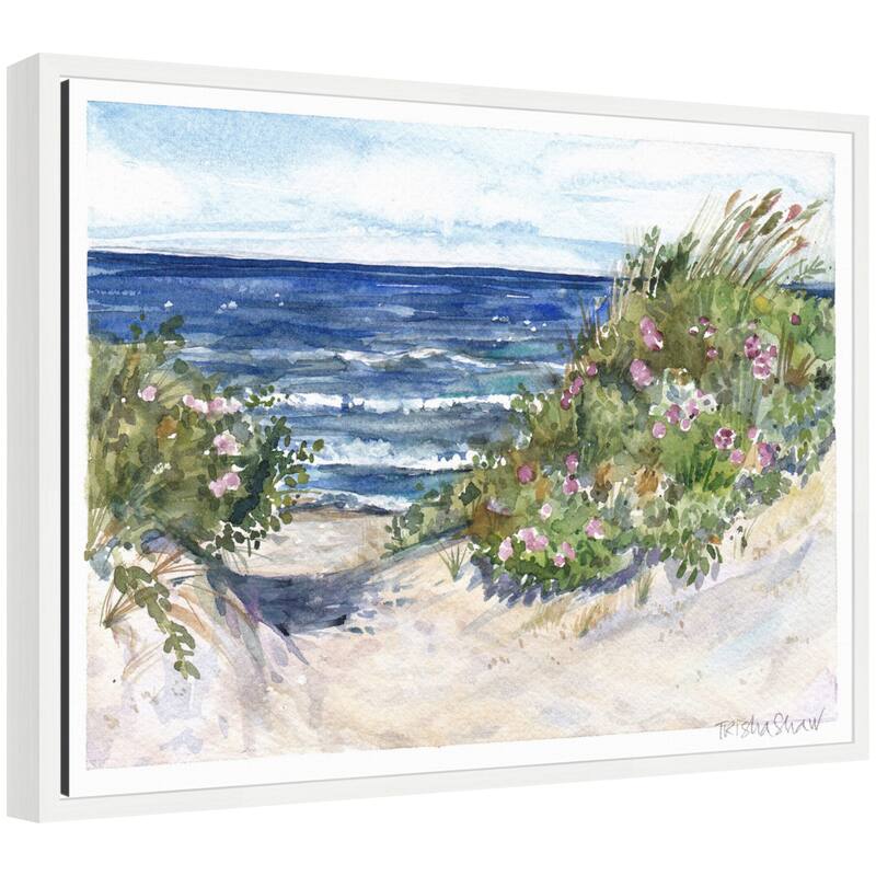 Kate and Laurel Sylvie Coast Guard Beach with Roses In The Dunes Framed Canvas by Patricia Shaw - 24x18