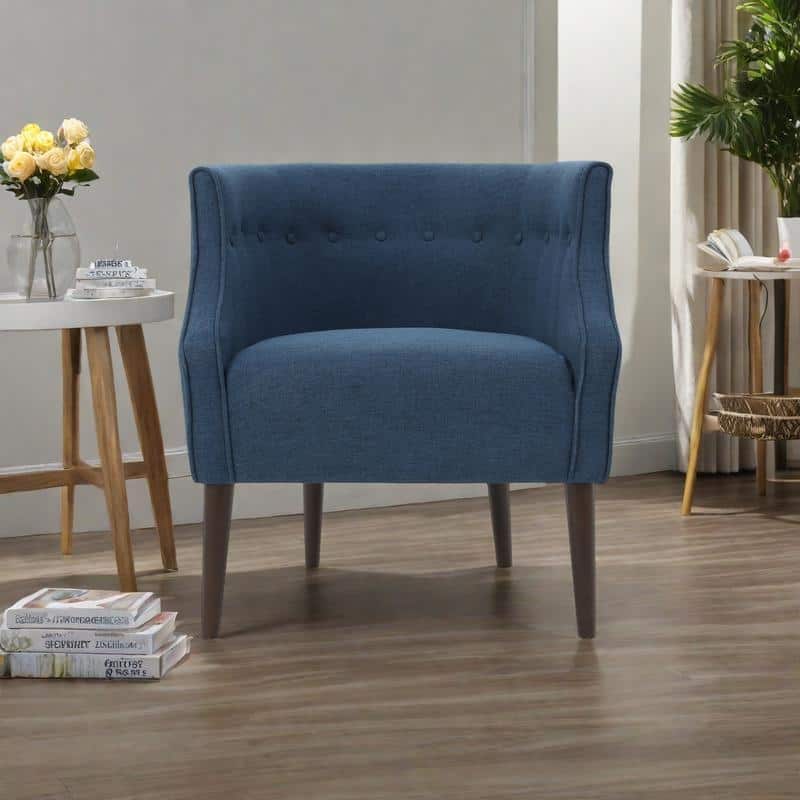 Fabric Modern Club Chair with Button-Tufted Back and Birch Wood Legs - Navy Blue