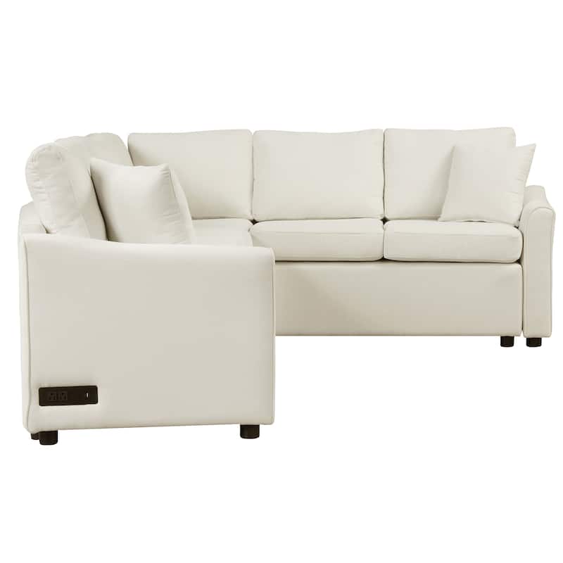 124.8'' Convertible L-Shaped 6-Seater Sectional Sofa with USB Ports, Power Outlets, Pull-Out Bed, and Two Back Cushions
