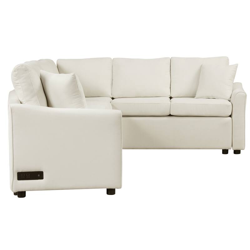 Modern 6-Seater L-Shaped Pull-Out Sofa Bed with USB Charging, Power Sockets, and Chenille Upholstery
