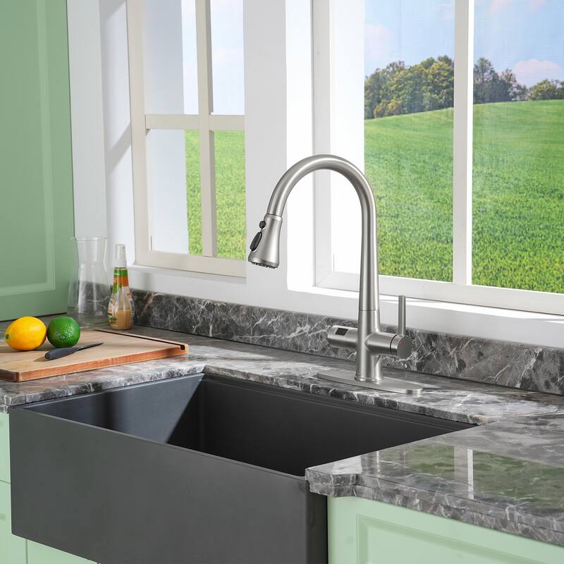 Single-Handle Pull-Out Sprayer Kitchen Faucet with Digital Display - Brushed Nickel