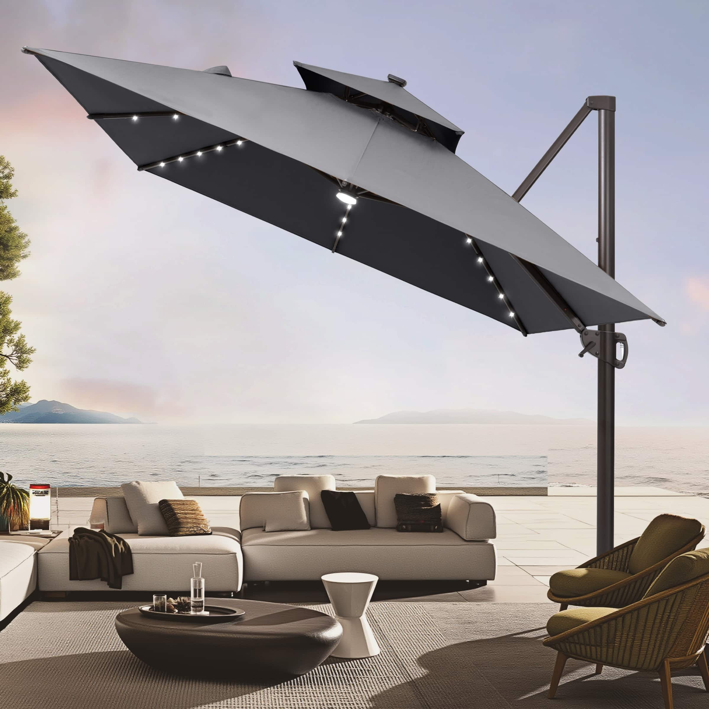 led patio umbrella sunbrella PURPLE LEAF 12ft Solar powered Outdoor Round Umbrellas Large Cantilever Umbrellas with LED lights Windproof Offset Umbrella Heavy Duty Sun Umbrella for Garden Deck Pool Patio, Beige Enjoy the perfect blend of functionality and style as the energy VredHom 10X13 FT Aluminum Outdoor