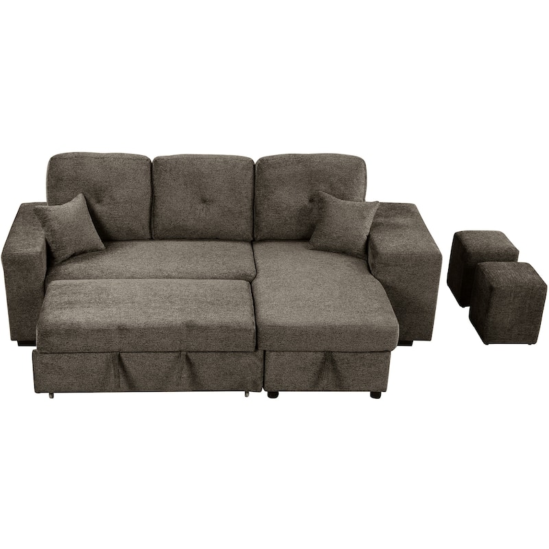 95" Velvet Sectional Sofa with Storage Chaise and 2 Stools and Reversible L-Shape Sofa Bed