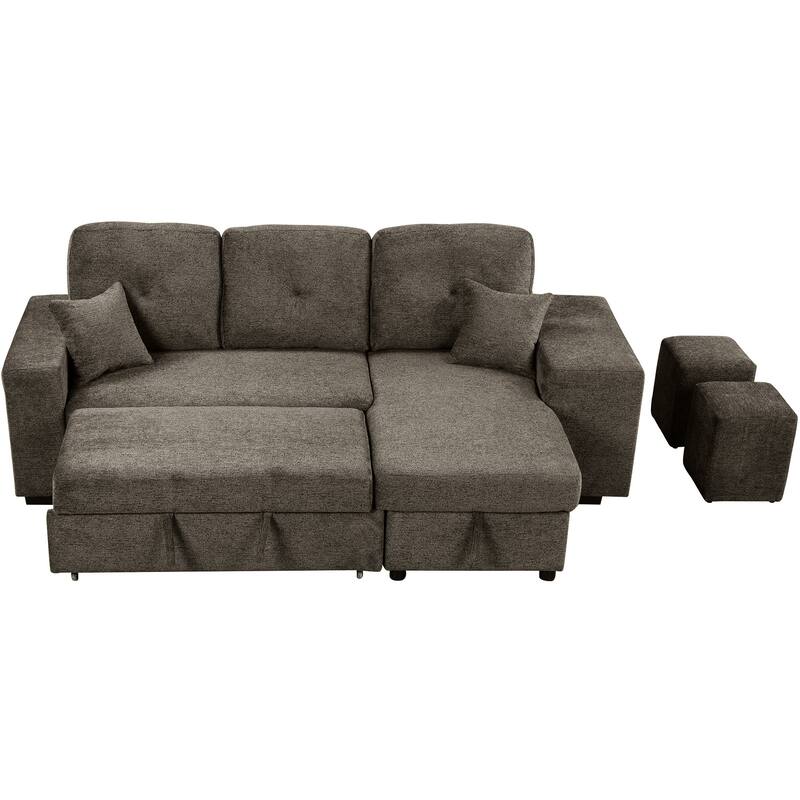 95'' Reversible L-Shaped 3-Seater Sofa with Storage Chaise and Pull-Out Bed, Side Shelf and 2 Stools Included