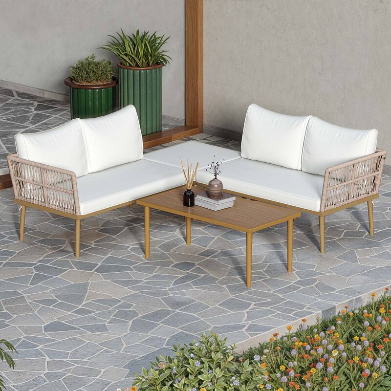 Moasis 4-Piece Outdoor Patio Conversation Set, Wicker Patio Furniture Set with Coffee Table - Beige