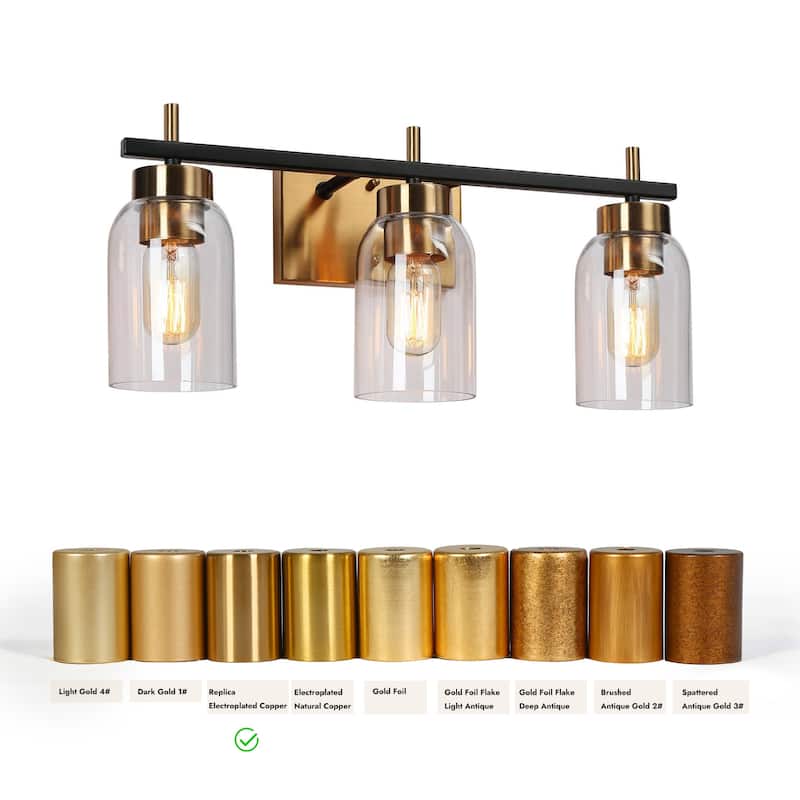Valina Modern Black Gold 3-Light Bathroom Vanity Light Cylinder Glass Wall Sconces