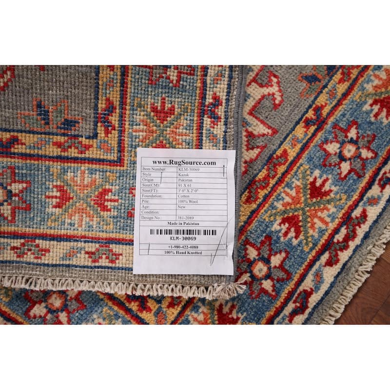 Gray Geometric Kazak Oriental Foyer Rug Hand-Knotted Wool Carpet - 2'0" x 3'0"