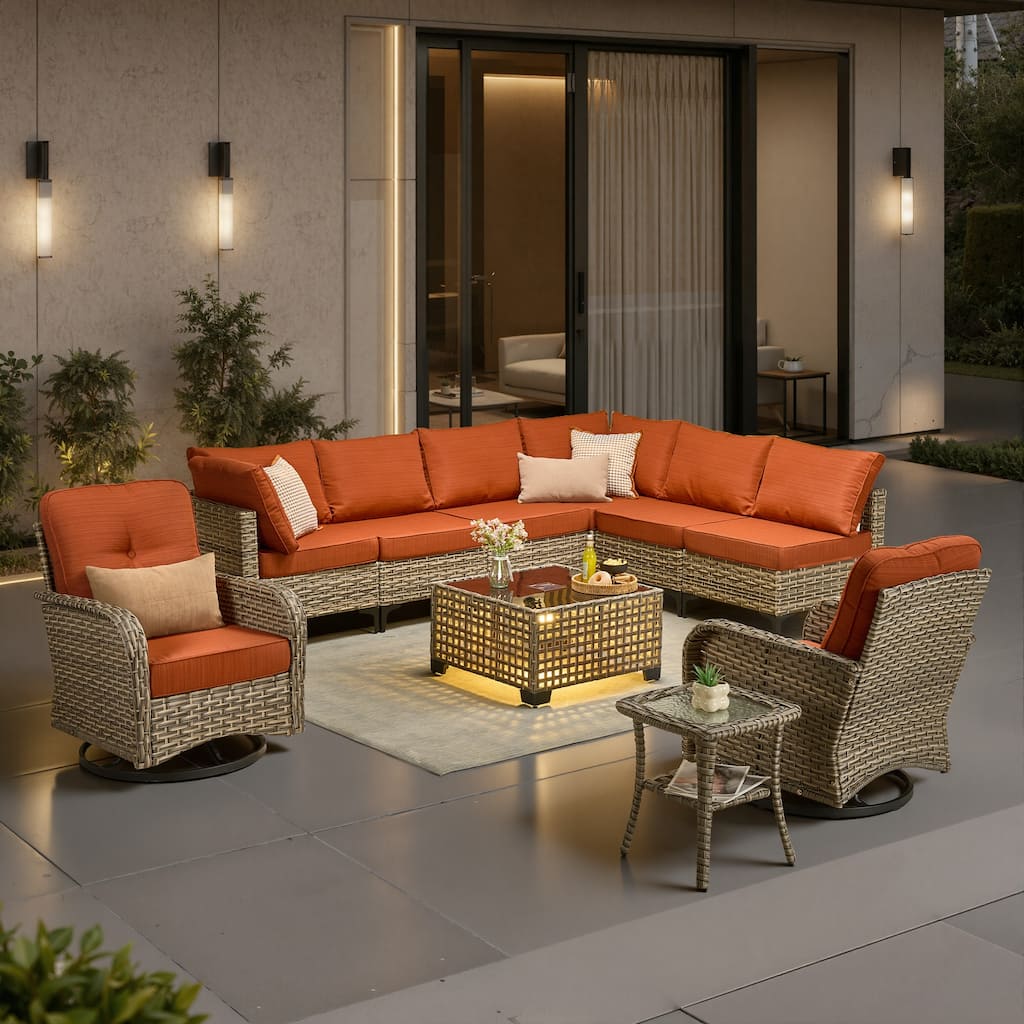 HOOOWOOO 10-piece Patio Wicker Furniture Sectional Set Swivel Rocking Chair Set