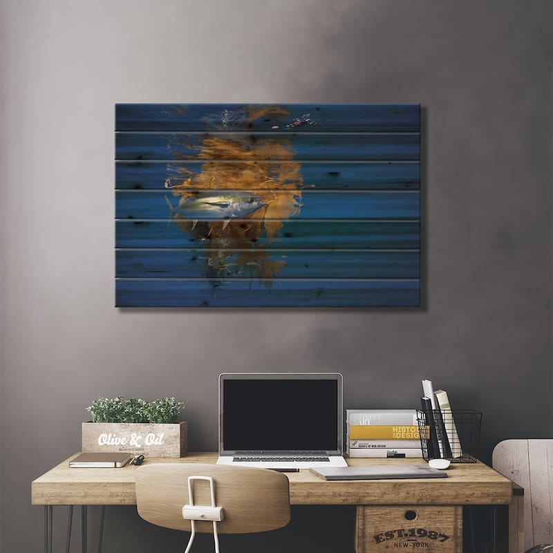 Yellowfin Tuna And Blue Marlin Beside Floating Kelp, Nine Mile Bank, San Diego, California Print On Wood by Richard Herrmann