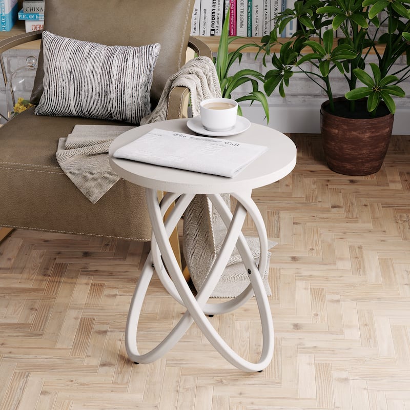 COZAYH Farmhouse End Table Round Wood Side Table Rustic Plant Stand With Intertwined Line Design - White