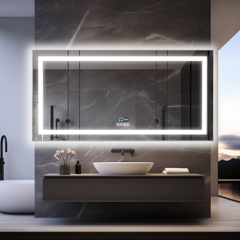 Smart LED Illuminated Fog-free Large Bathroom Mirror with Bluetooth Speakers, Digital Display