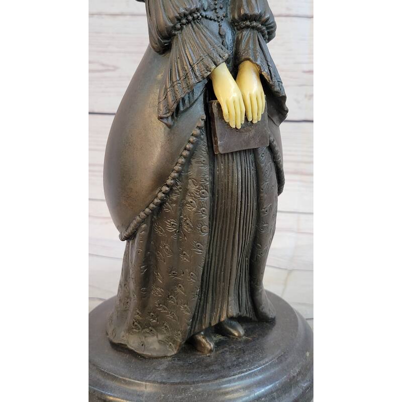 Victorian Era Woman Holding A Book Bronze Sculpture Statue On Marble Base