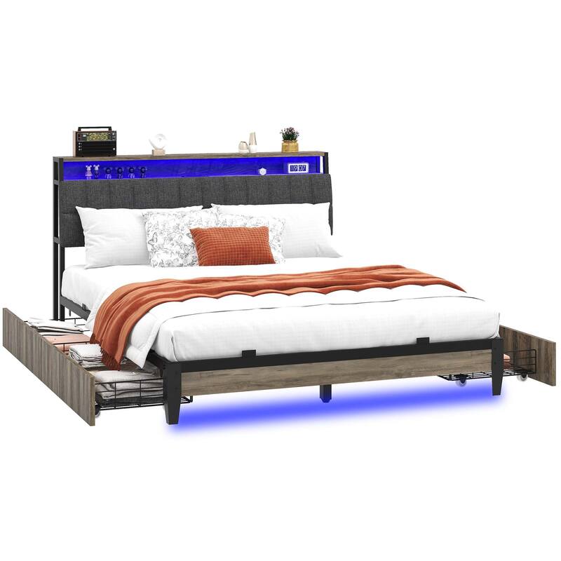 Upholstered Platform Bed with Charging Station and Storage Headboard