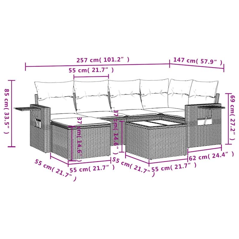 vidaXL Patio Sofa Set with Cushions Outdoor Conversation Furniture Poly Rattan - 24.4 x 24.4 x 27.2