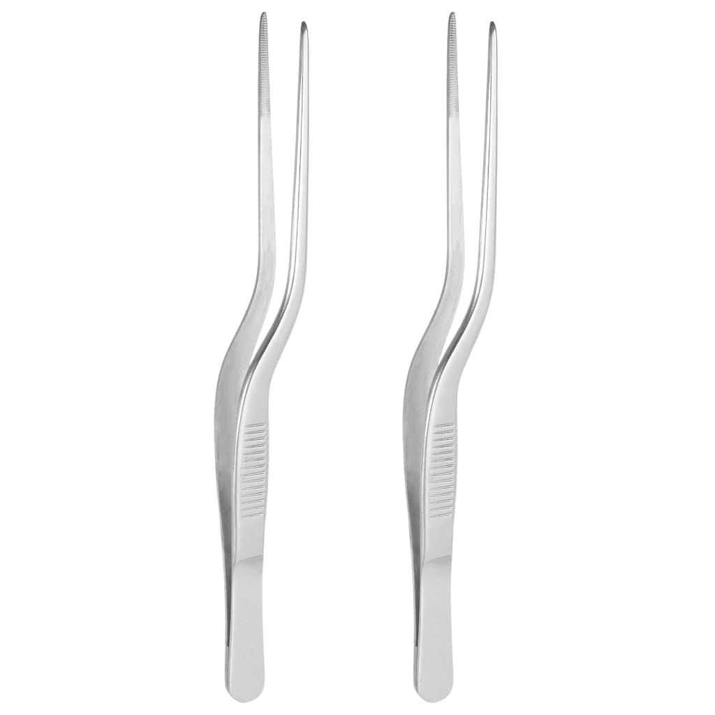 2Pcs Offset Tweezer Tongs 304 Stainless Steel Kitchen Precision Tweezer - Silver