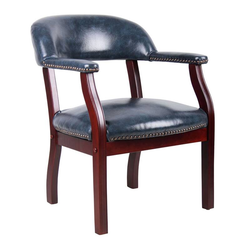 Elon Guest Chair with Brass Nailhead Trim, Mahogany Wood, Blue Vinyl
