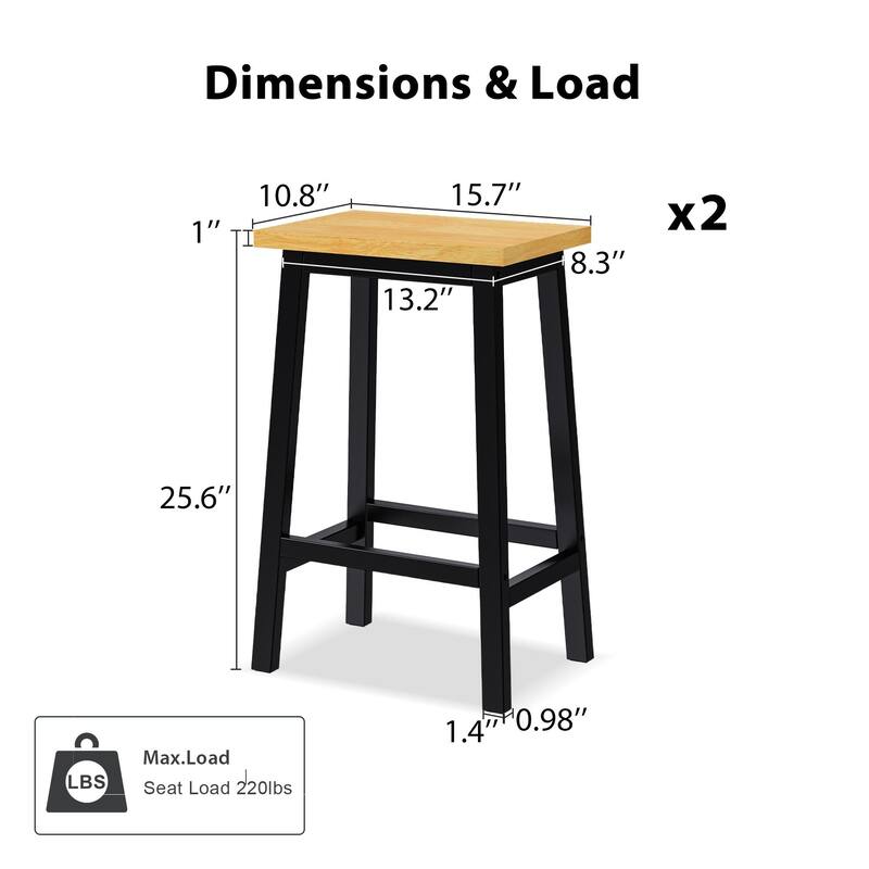 Roomfitters Set of 2 Counter Height Stools, 25.6" A-Frame Solid Wood Bar Stools with Contoured Wood Seat & Footrest