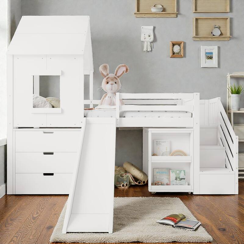Twin House Loft Bed with Slide and Stairs, Storage Cabinets and Removable Desk, Kids Space Saving Loft Bed - White - Twin