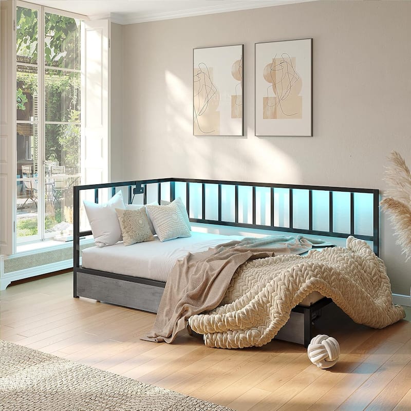 Daybed with 2 Drawers Platform Bed Frame LED Light Charging Station