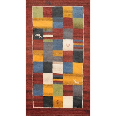 Hand Knotted Oriental 100% Wool Carpet Modern Checkered Multi-Colored Gabbeh Runner Rug - 4' 8'' X 2' 4''