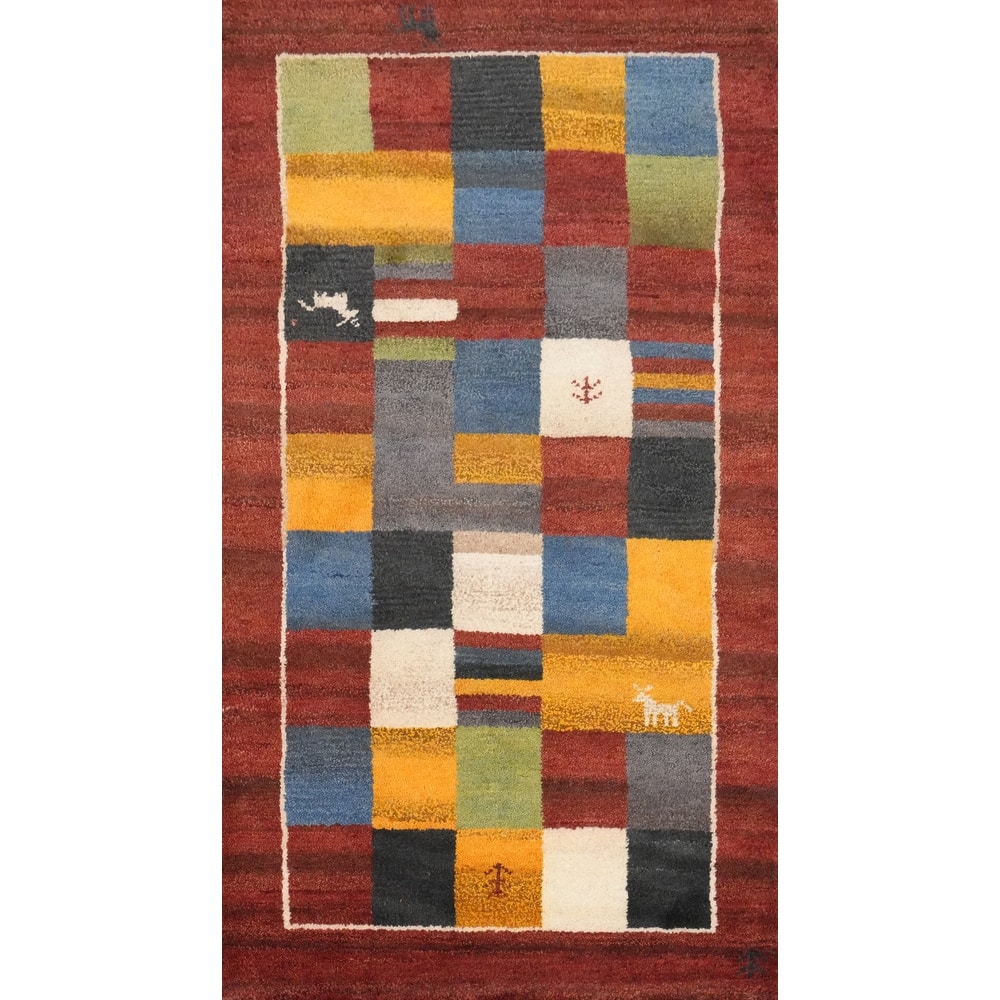 Hand Knotted Oriental 100% Wool Carpet Modern Checkered Multi-Colored Gabbeh Runner Rug - 4' 8'' X 2' 4''