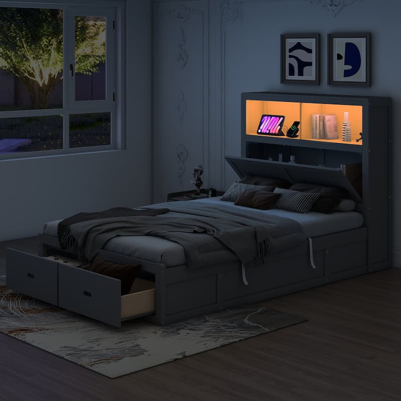 Wood Full Size Hydraulic Platform Bed with Storage LED Headboard, Charging Station and 2 Drawers