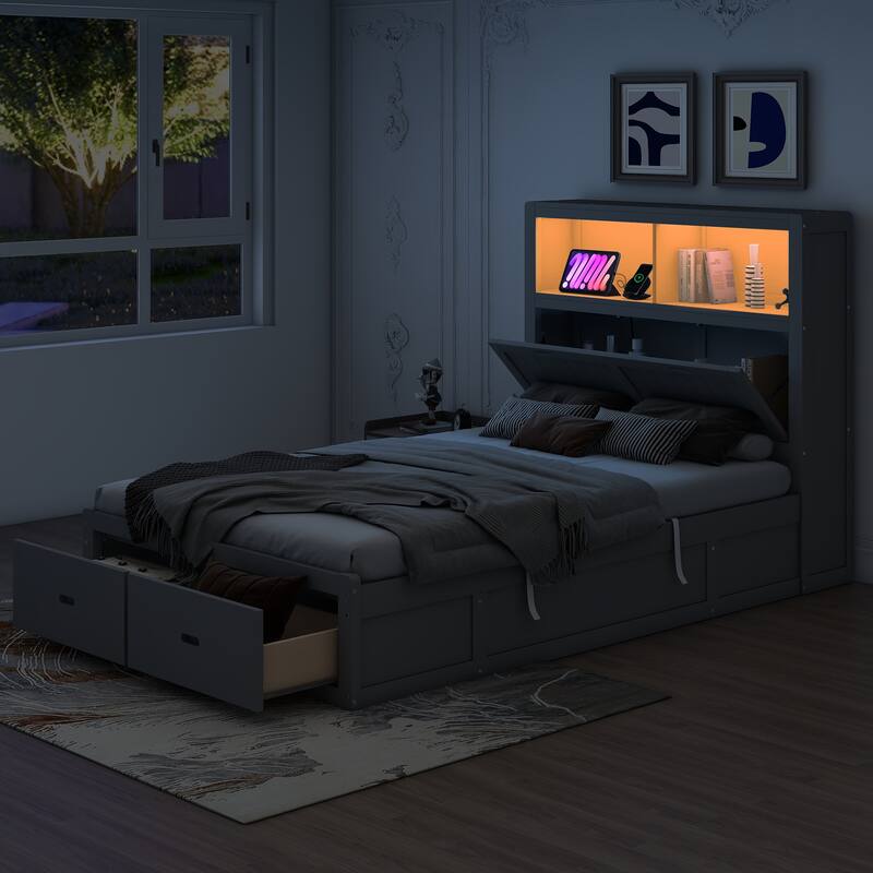 Wooden Bed with LED Headboard, Charging Station, 2 Drawers