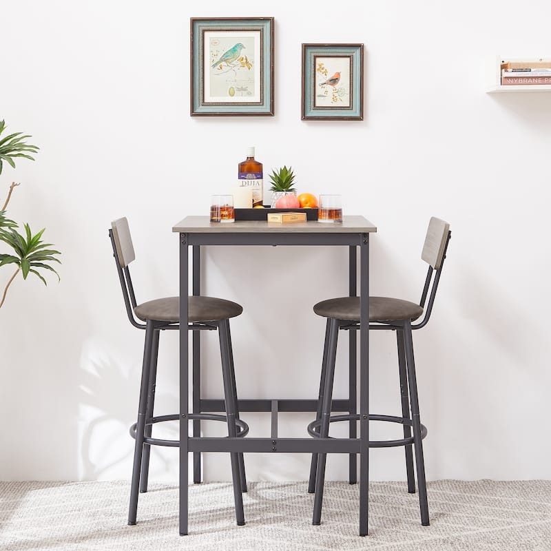 Industrial-Style 3-Piece Bar Table Set with Upholstered Stools, Rustic Woodgrain Tabletop, and Space-Saving Design
