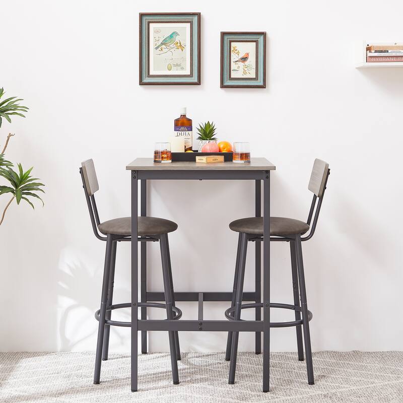 Minimalist Style 3-Piece Dining Table Set with 2 Bar Stools with Backrest,Grey