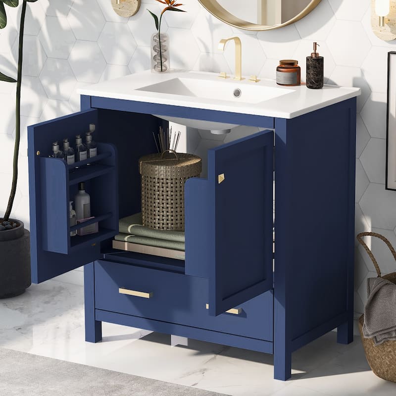 30" White Bathroom Vanity with Single Sink, Combo Cabinet Undermount Sink, Bathroom Storage Cabinet with 2 Doors and a Drawer - Blue