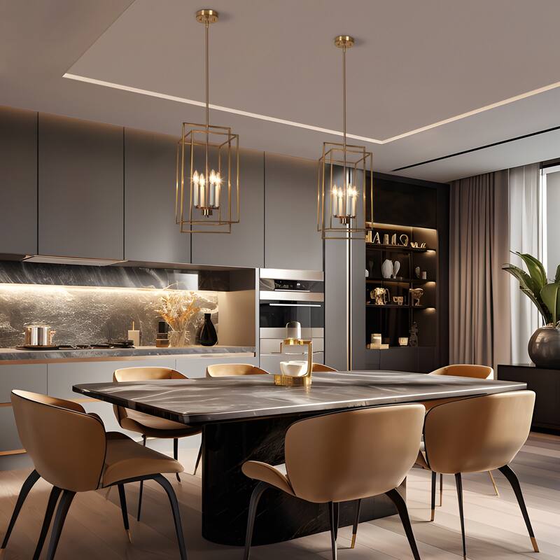 Dilley Mid-century Modern Gold 4-Light Lantern Chandelier Foyer Island Pendant for Dining Room