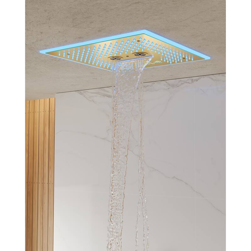 Shower Faucet Set Dual Heads with 3 Spray Modes 16" Ceiling and 6" Wall Mount Body Jets Handheld Spray LED Music