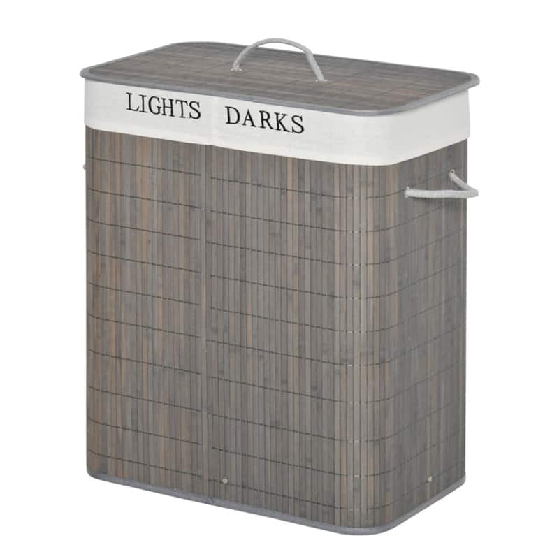 Gray Bamboo Laundry Basket with Dual Compartments Removable Washable Liner 26 Gallon Large Capacity