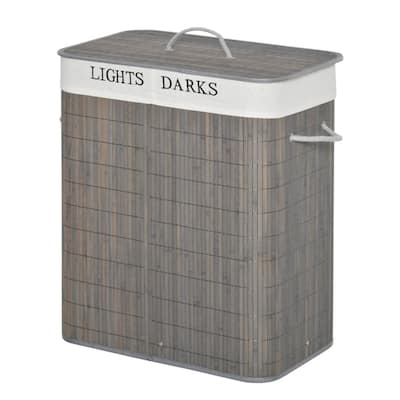 Gray Bamboo Laundry Basket with Dual Compartments Removable Washable Liner 26 Gallon Large Capacity
