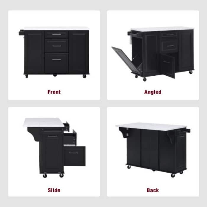 50.7" Rolling Kitchen Island - Drop Leaf, 2 Drawers, Tilt Trash Cabinet & Organizer on 5 Wheels
