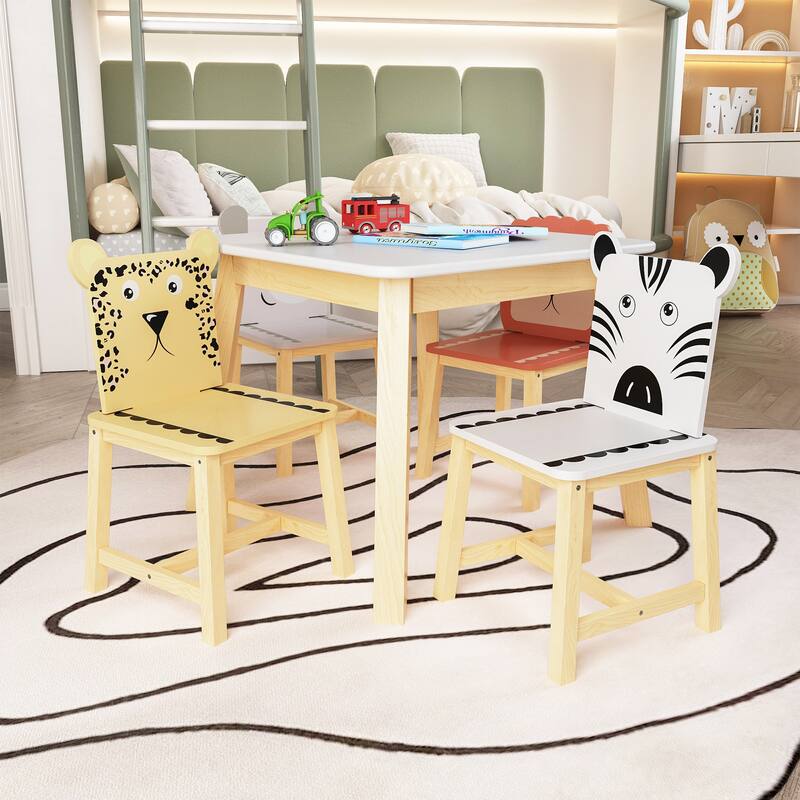 Anmytek 5-Piece Kids Table and Chair Set with Animal Themed Chairs, Solid Wood Children's Furniture for Playroom