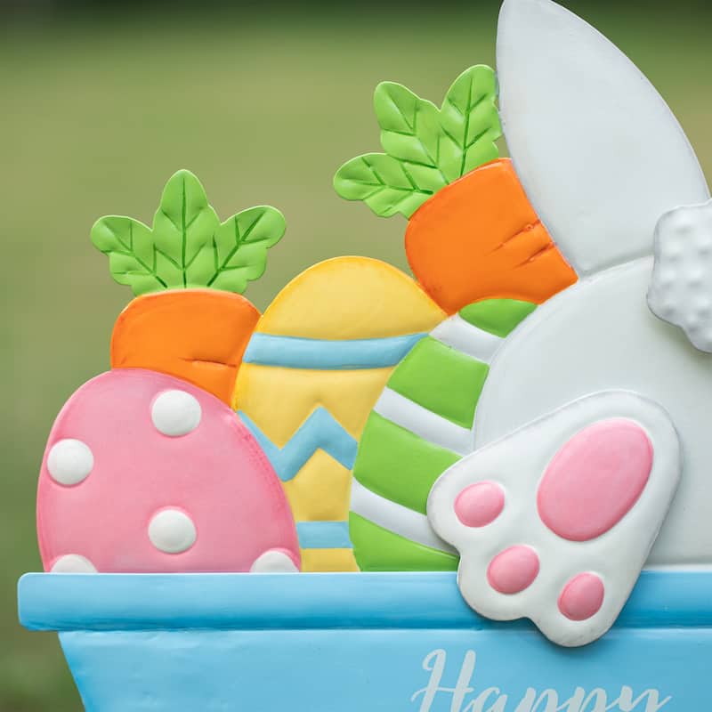 Glitzhome Easter Metal Wheel Barrow Garden Cart Yard Stake Spring Outdoor Decor