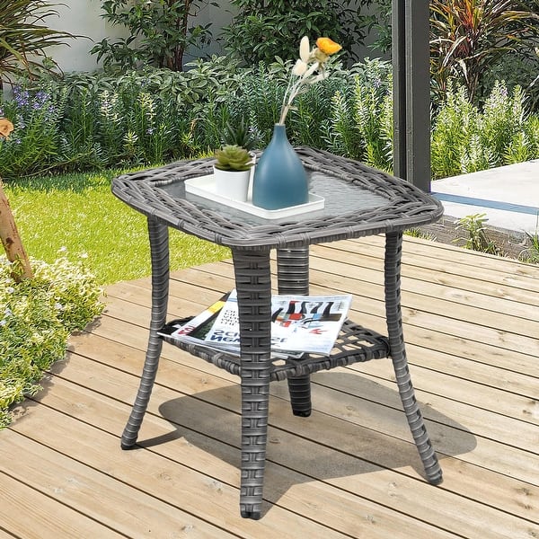 Outdoor Side Table Patio Wicker Coffee Table Outdoor End Table Rattan Bistro Table With Storage & Black Glass Table Top Round For Outside