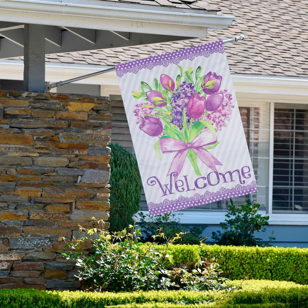 Welcome Purple Floral Bouquet Outdoor House Flag 28" x 40"