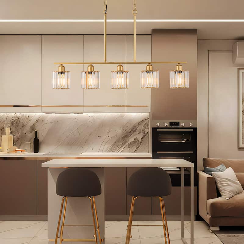 Starsky 5-Light Modern Glass Crystal Chandelier Cluster Linear Kitchen Island Light with Cylindrical Shade