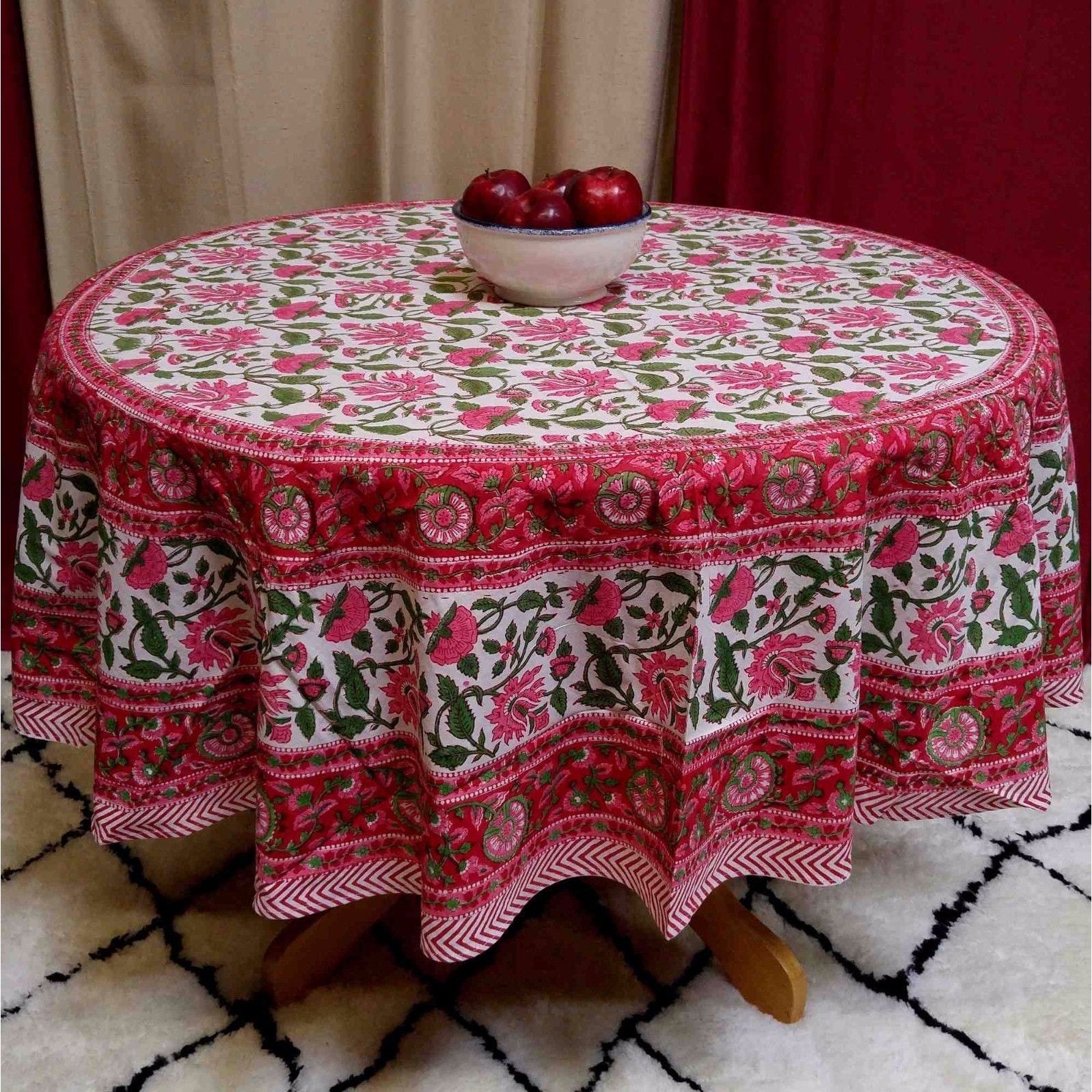 Shop Cotton Lotus Flower Block Print Round Tablecloth ...