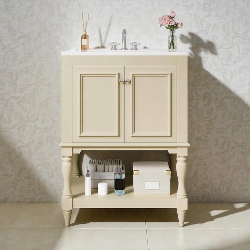 24" Modern Luxury Bathroom Vanity with Ceramic Sink, Freestanding Cabinet with Open Shelf and Enclosed Storage - Beige
