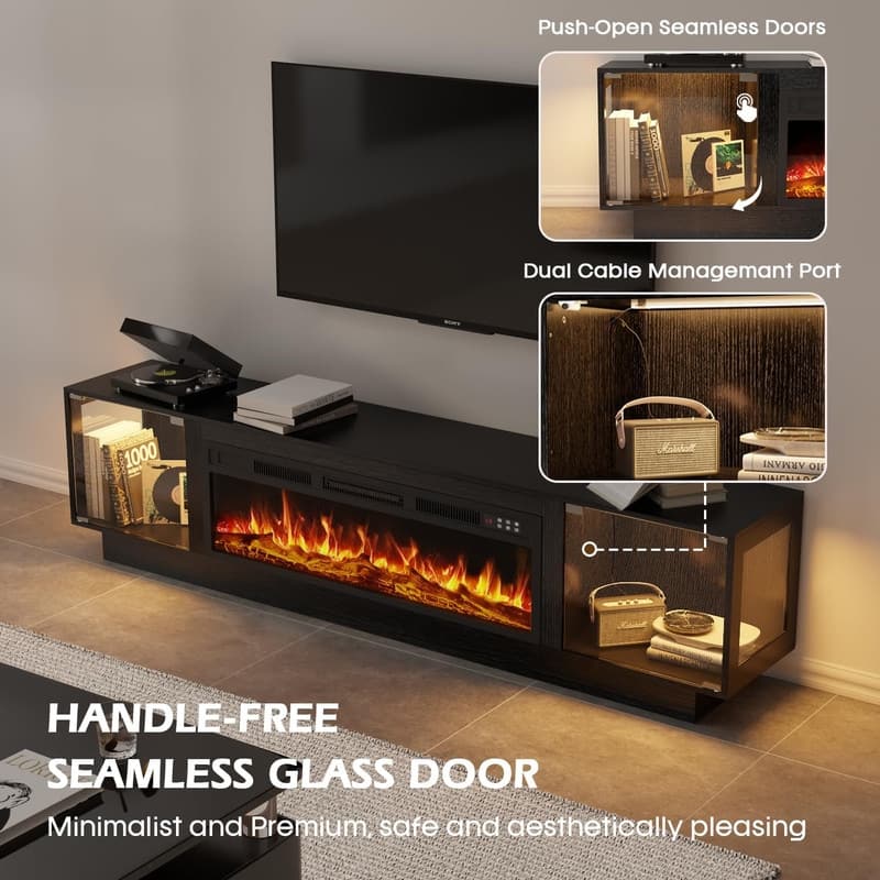 BOSSIN 80" Fireplace TV Stand with Adjustable LED Lights, Modern Entertainment Center with Glass Door Storage Cabinet, Black