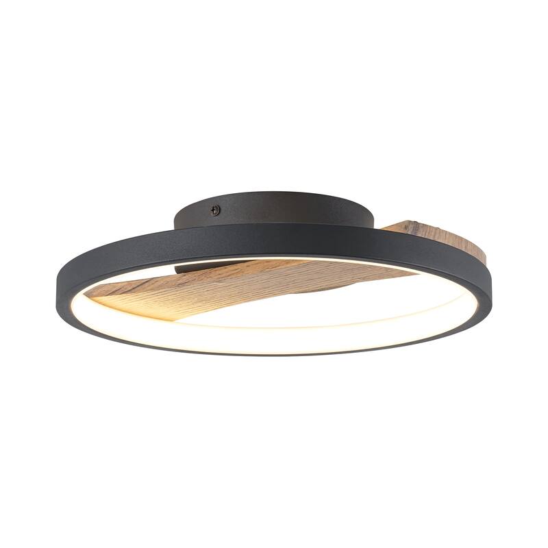 11.8 in. Modern Black Circle Round Wood Integrated LED Semi-Flush Mount Light - 11.8 in. W x 2.5 in. H