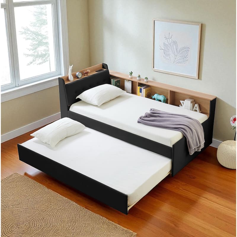 Twin Size Velvet Upholstered Daybed with Storage Headboard, Pop-up Trundle, LED Lights & Wireless Charging