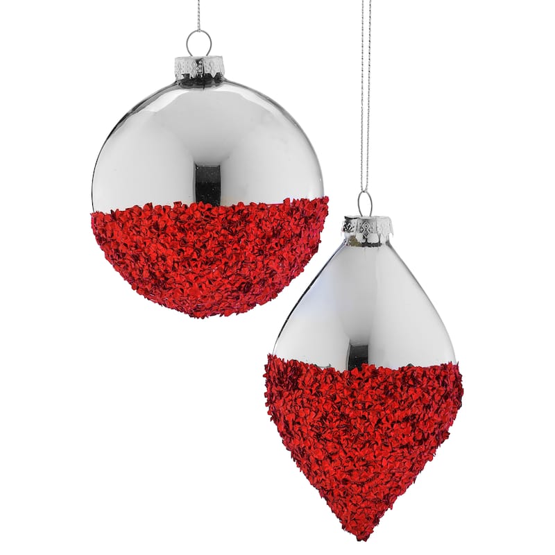 4-5.5" Glass and Sequin Ball and Finial Ornament Set of 2