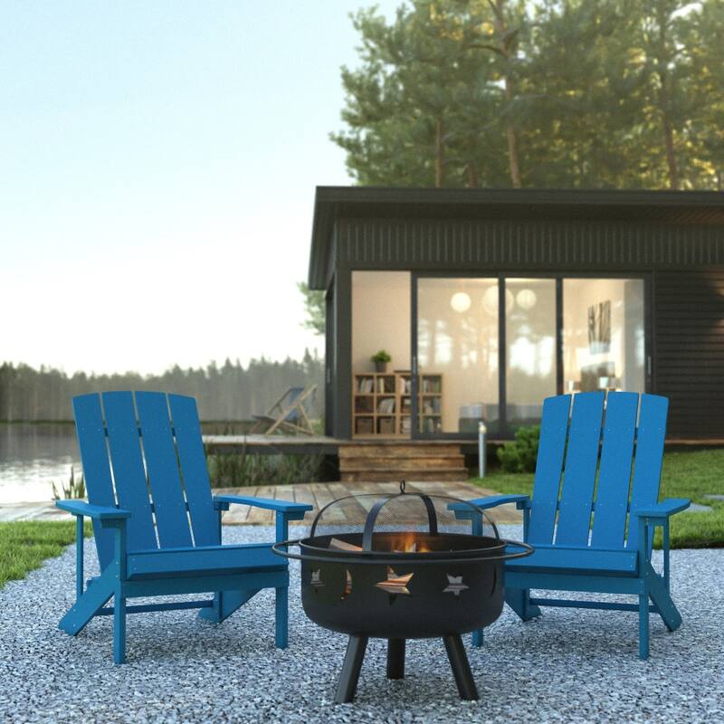Star and Moon Fire Pit with Mesh Cover & 2 Poly Resin Adirondack Chairs - Blue
