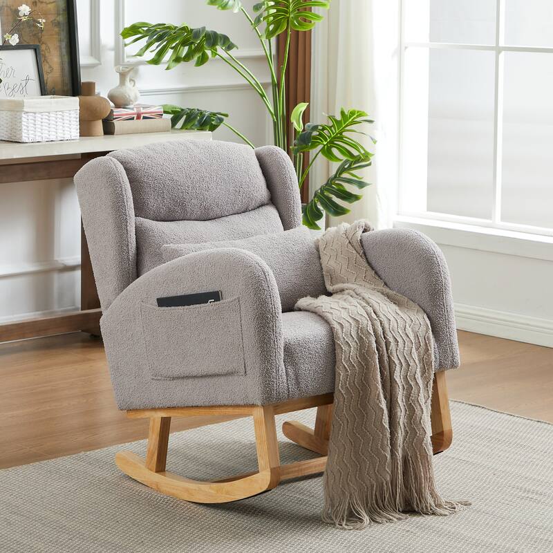 Grey Modern Upholstered Rocking Chair with Sturdy Thickened Rubber Wood Base and Side Pocket