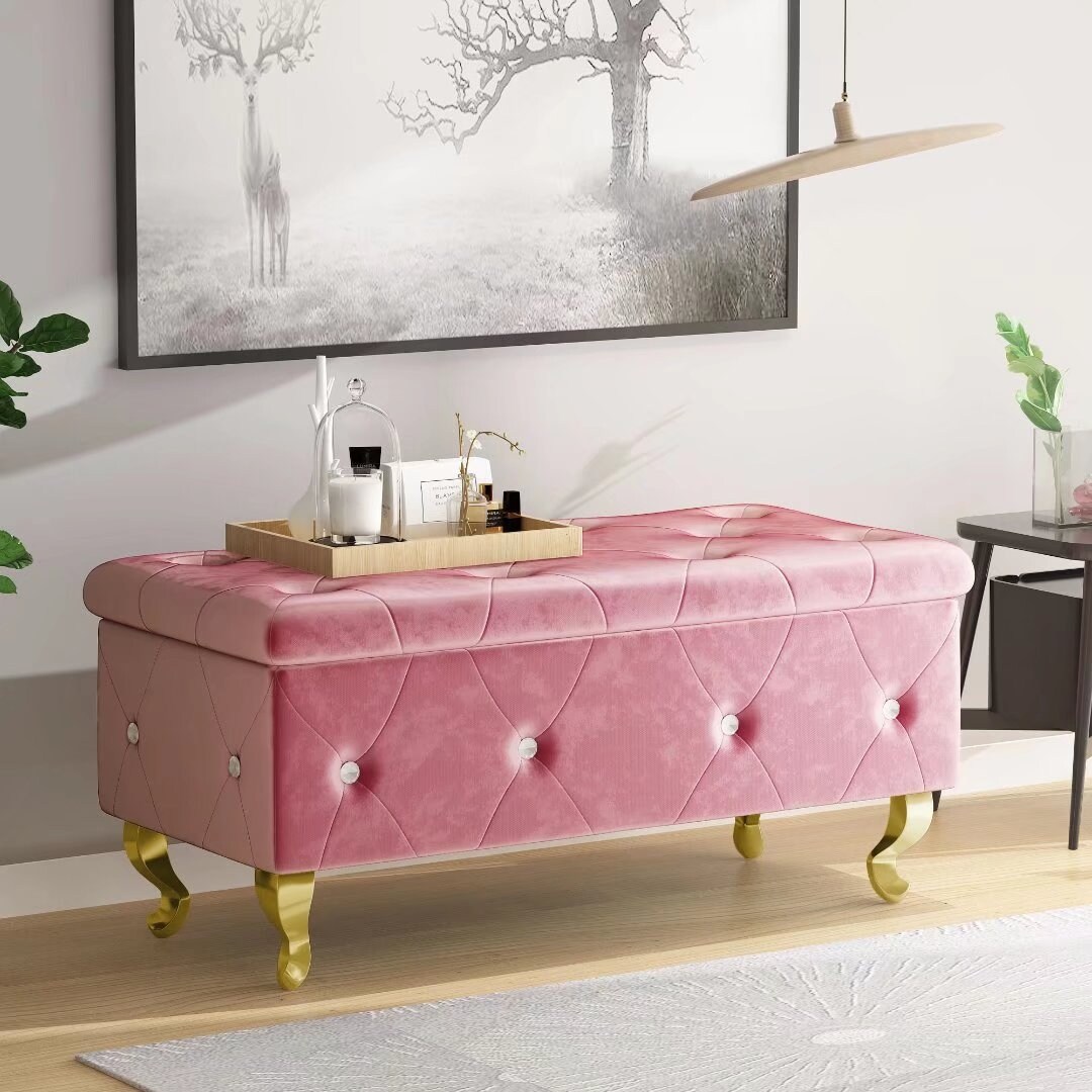 Pink Velvet Storage Ottoman Bed End Bench 2 Seater Window Seat Decorative Chest 